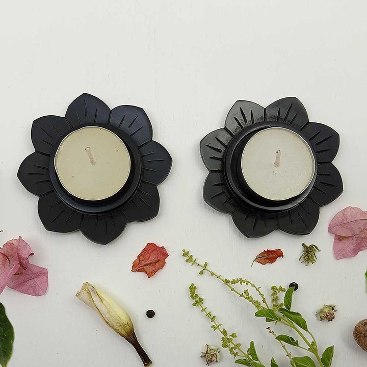 Handmade Black Altair Lotus Flower Candle Holder | Set Of 2