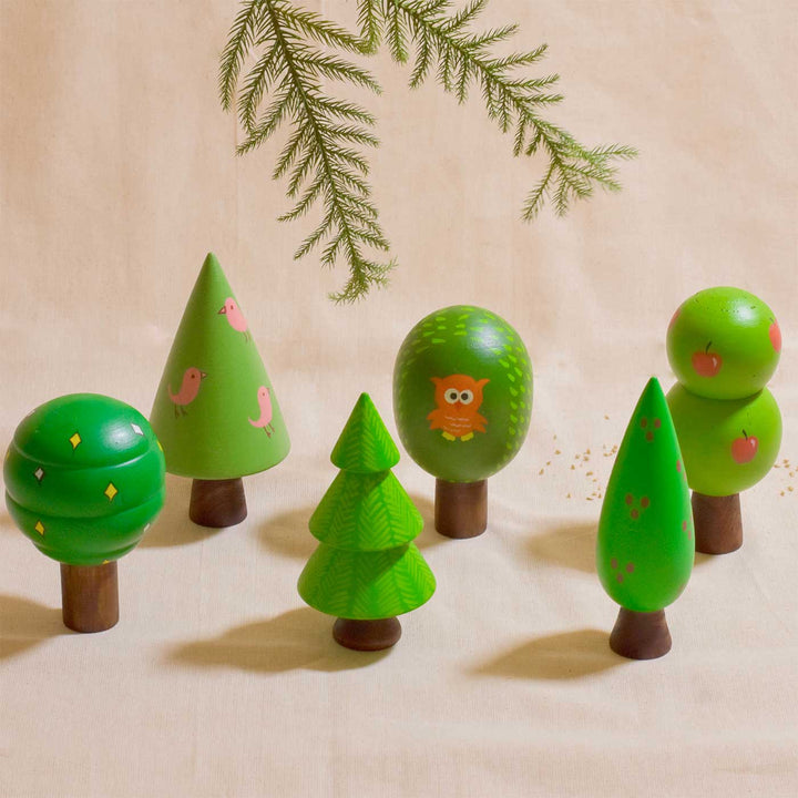 Handmade Natural Wood Christmas Tree Table Decor | Set of 6