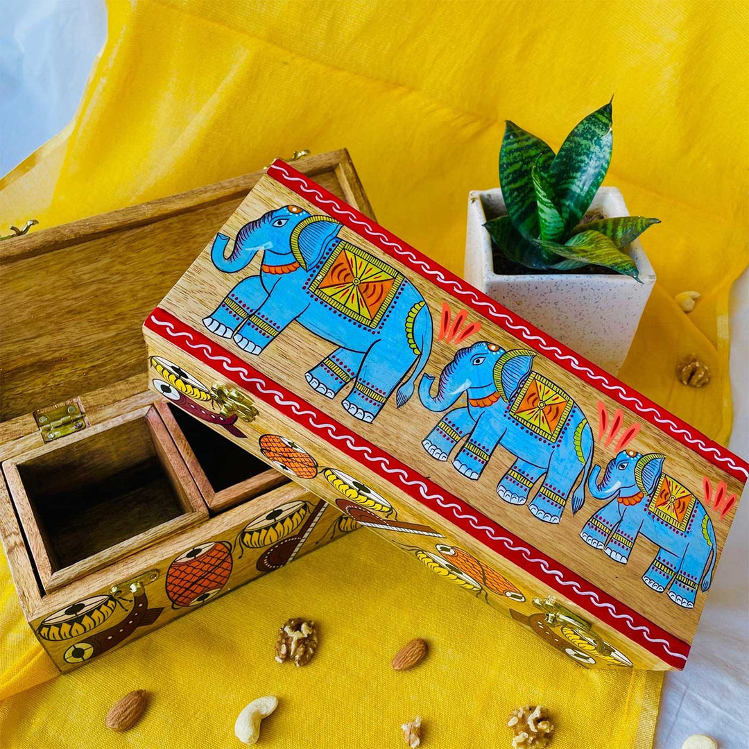 Hand-Painted Pattachitra Gajagamini Wooden Dry Fruit Box