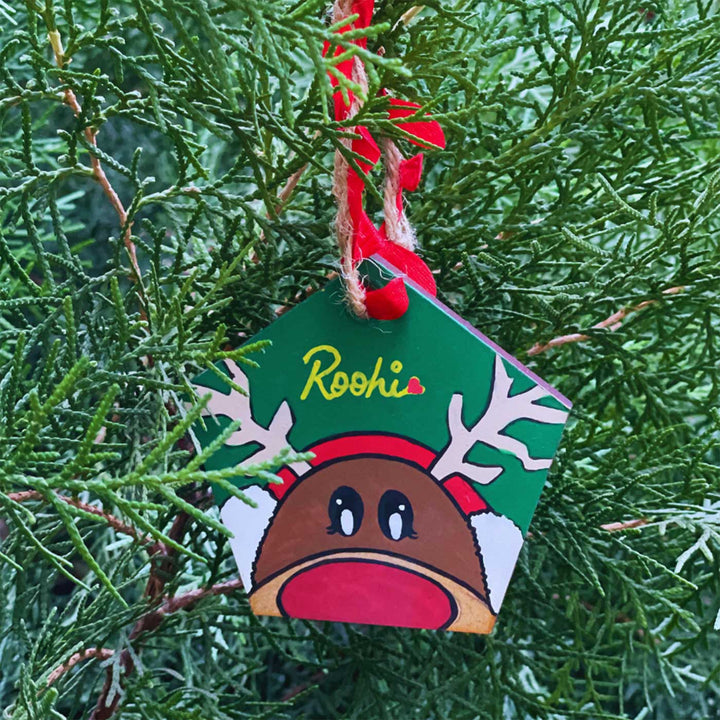 Personalized Green Reindeer Wooden Ornaments For Christmas Tree Decoration | Set Of 2