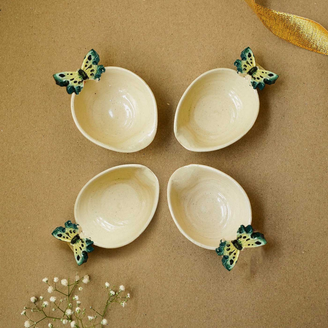 Handmade White with Blue Butterfly Ceramic Oil Lamp / Diya | Set of 4