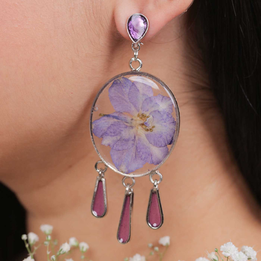 Handmade Preserved Flower Purple Delphinium Chandelier Brass Earrings