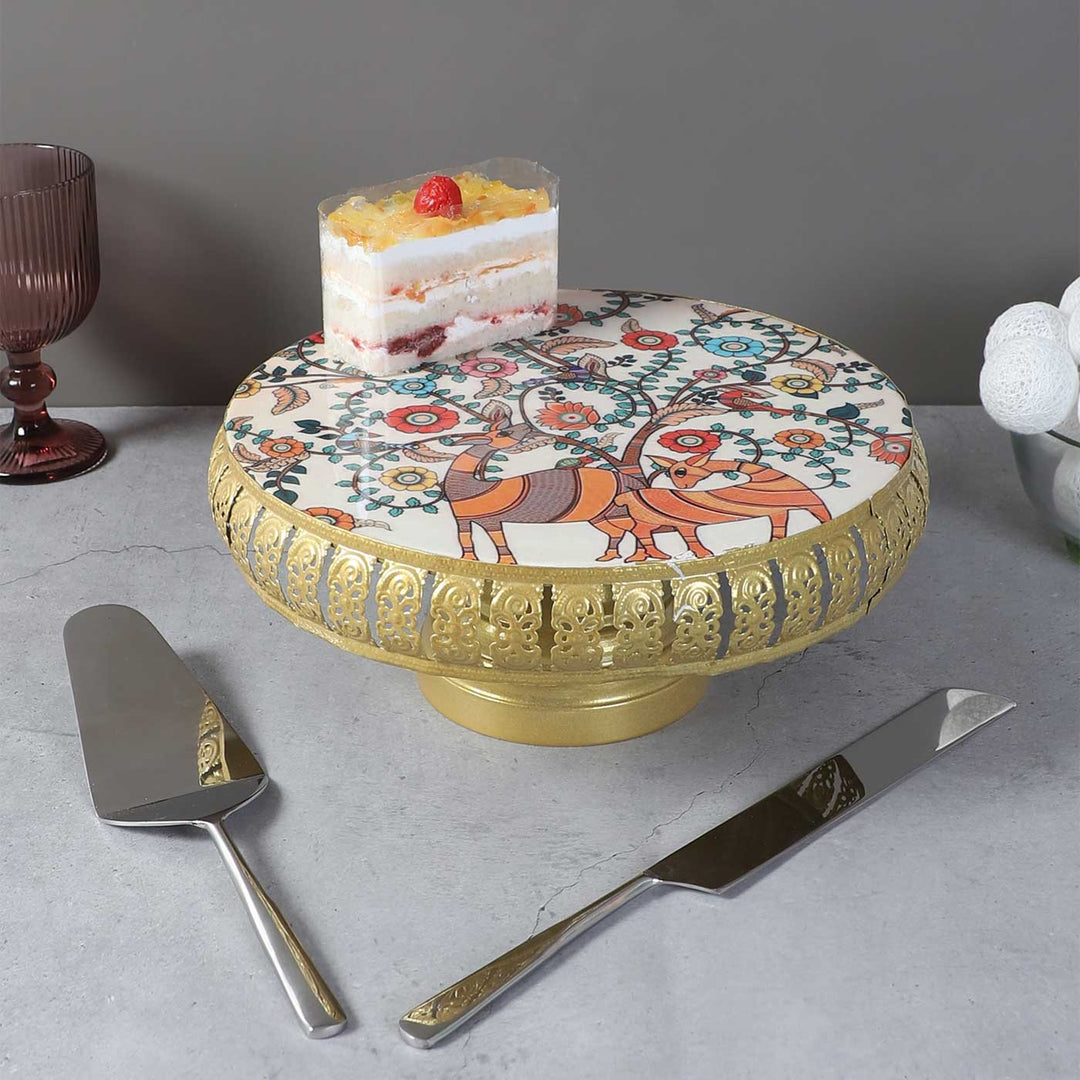 Handmade Multicolor Metal Cake Platter With Knife & Server