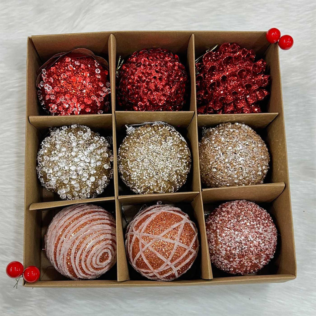 Handmade Gold Pink & Red Shimmer Embellished Chirstmas Ball Ornaments For Decoration | Set Of 9