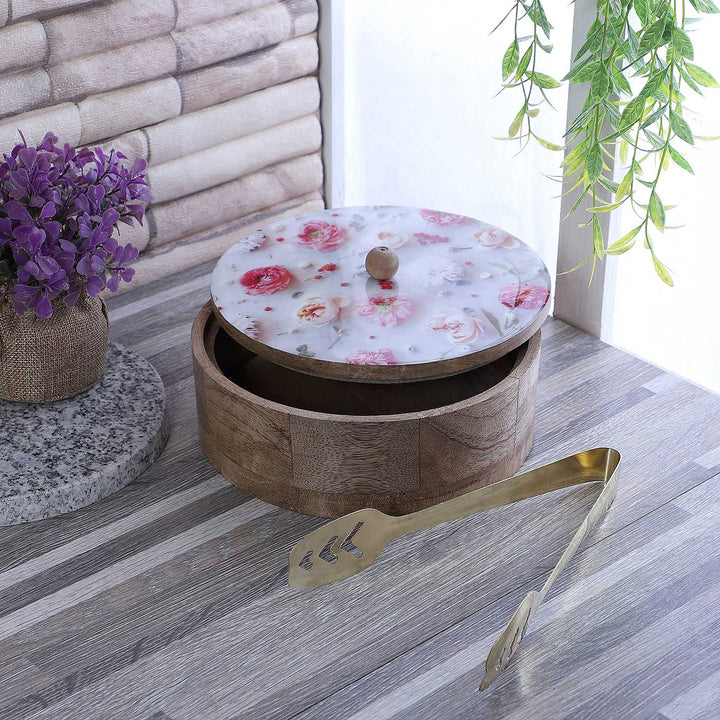 Handmade Flower Printed Mango Wood Roti Box With Tong