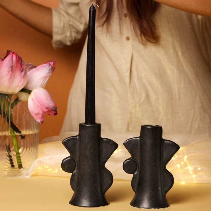 Handmade Black Abstract Design Ceramic Candle Holder | Set Of 2