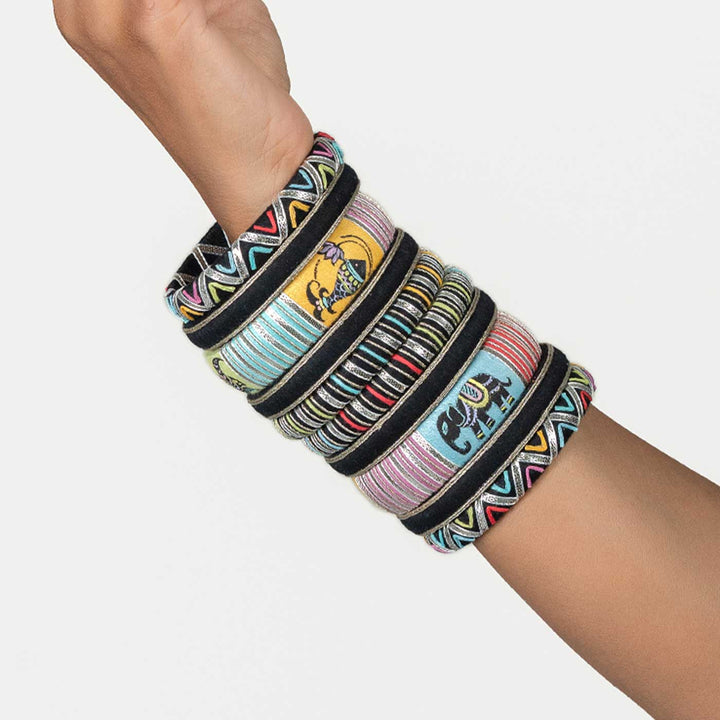 Black & Silver Handcrafted Vasudha Fish & Peacock Embroidery Bangles | Set of 10