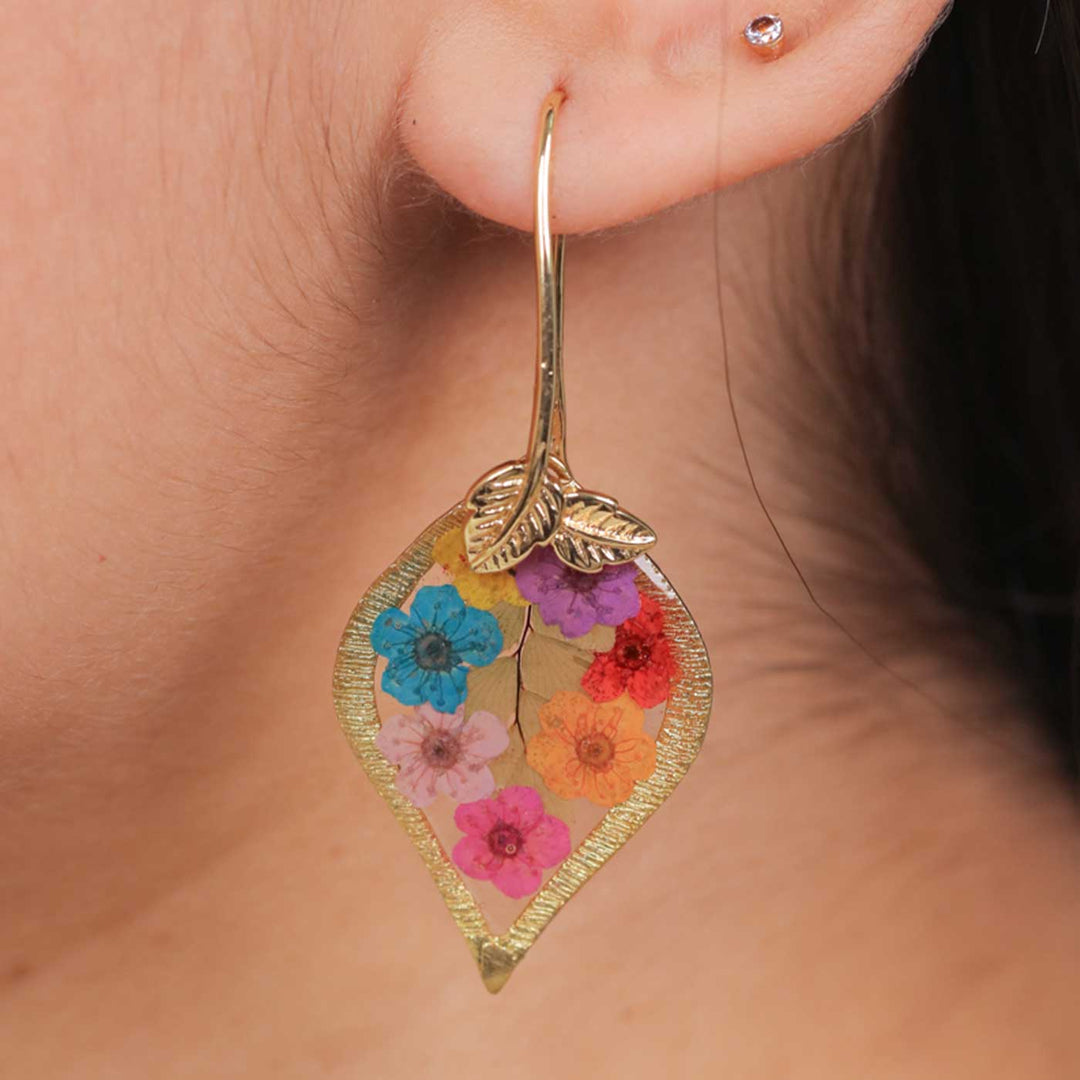 Handmade Preserved Flower Art Nouveau Wildflower Brass Earrings