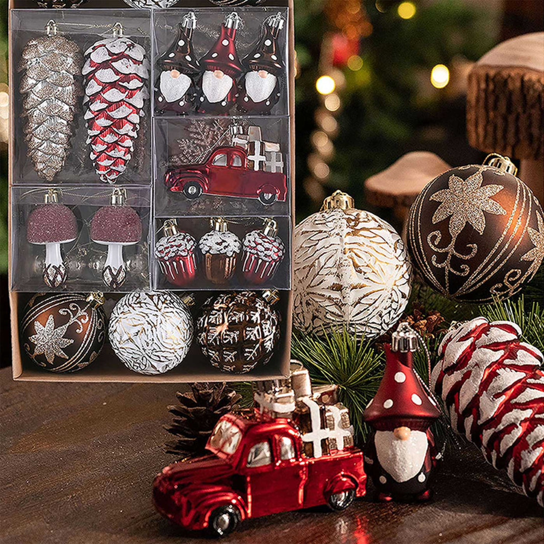 Maroon Brown & Gold Pinecone themed Christmas Ball Ornaments For Decoration | Set of 60