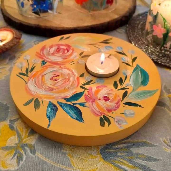 Hand Painted Floral MDF Wood Round Tealight Holder