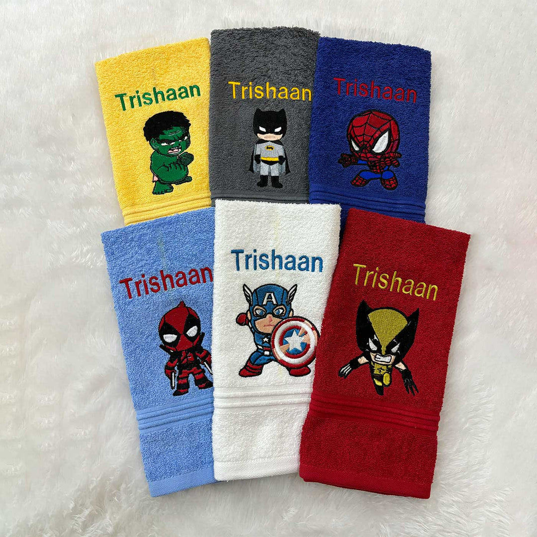 Personalized Embroidered Superhero Theme Cotton Hand Towel | Set Of 6