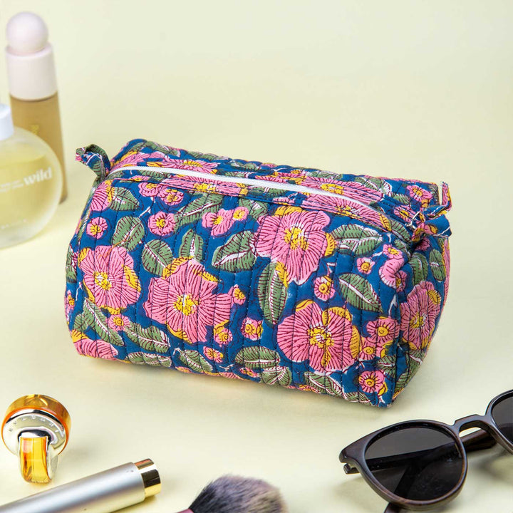 Handmade Block Printed Garden Paradise Quilted Cotton Toiletry Pouch