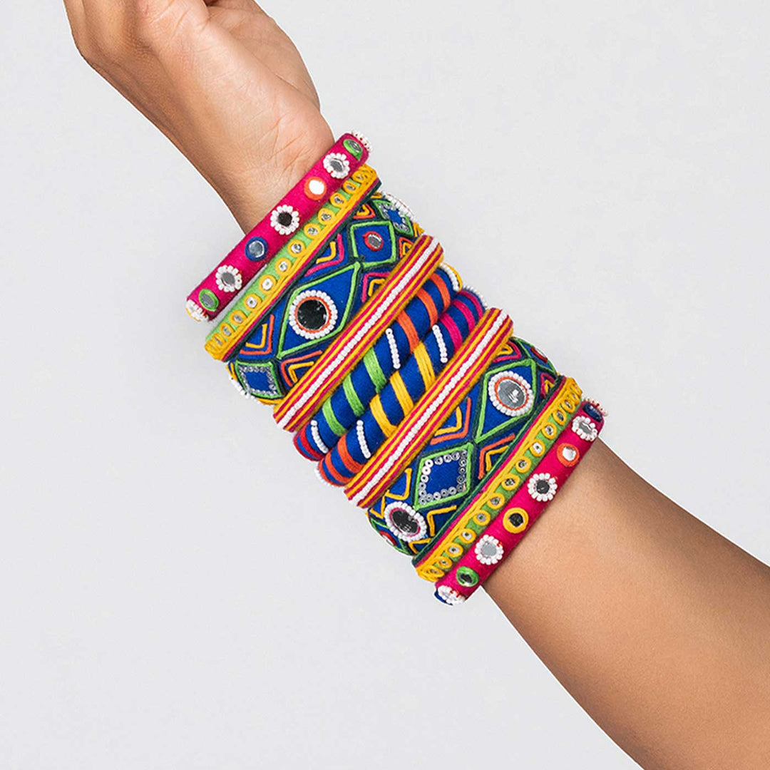 Multicolour Handcrafted Idika Embroidery Bangles | Set of 10