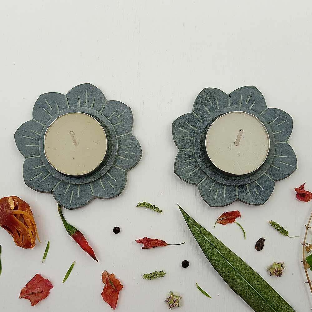 Handmade Grey Amrah Lotus Flower Candle Holder | Set Of 4