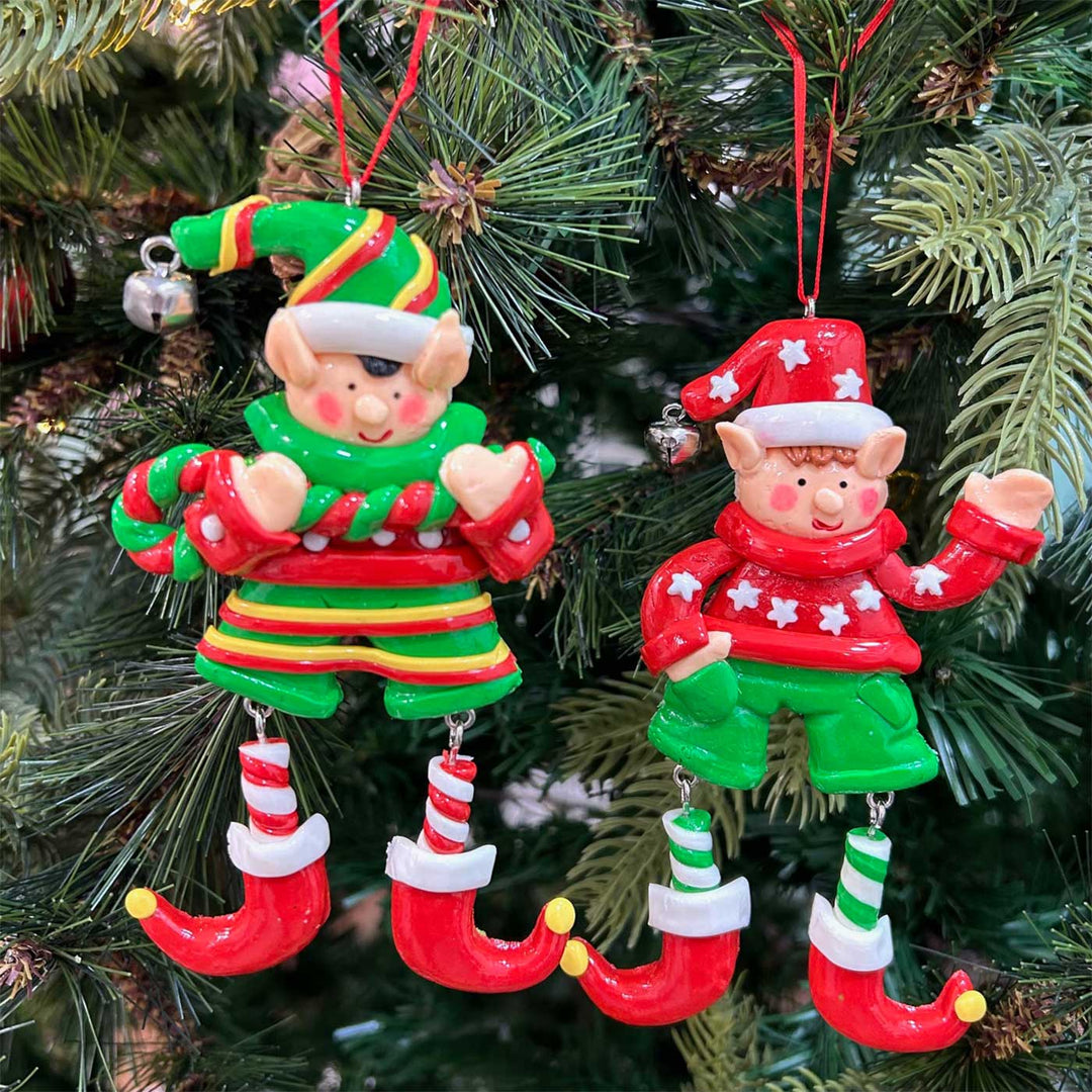 Handmade Elves With Dangling Legs Clay Ornaments For Christmas Tree Decoration | Set Of 2