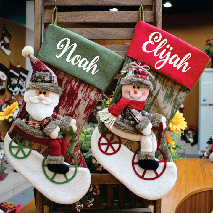 Personalized Snowman On A Bike Felt Stockings For Christmas Decoration