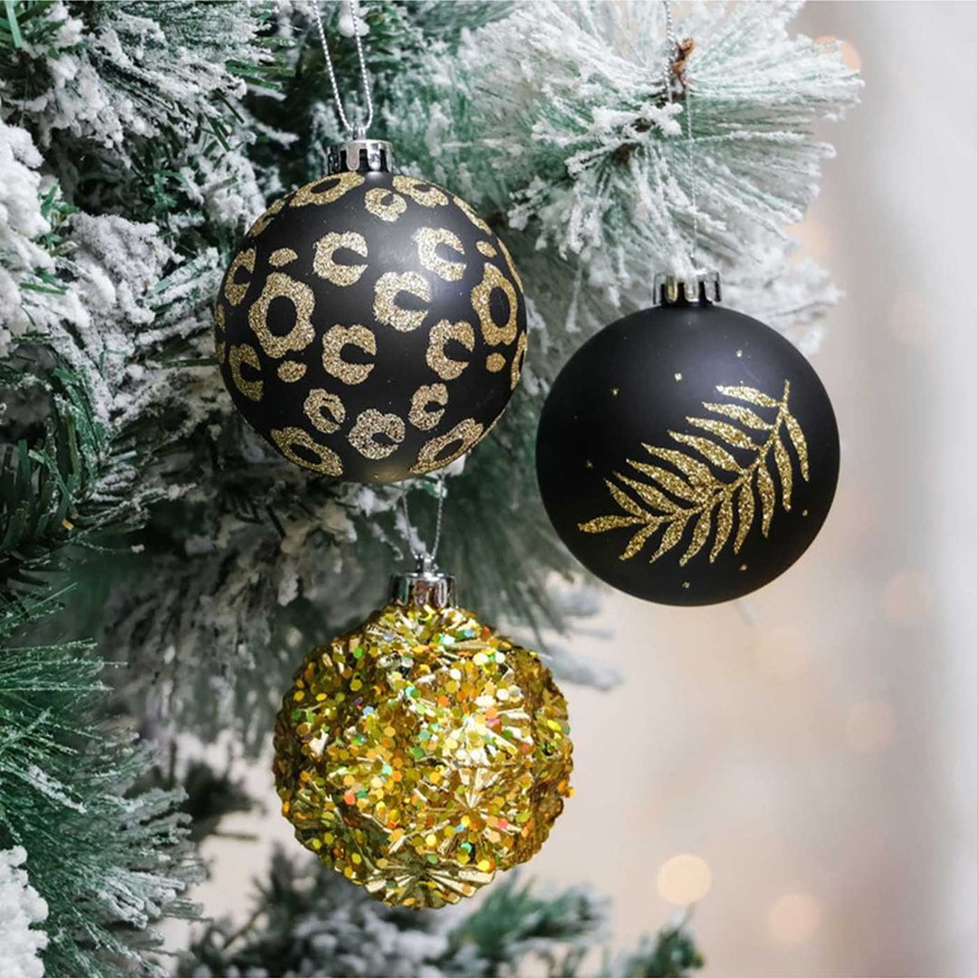 Black & Gold theme Shimmer Christmas Ball Ornaments For Decoration | Set of 16