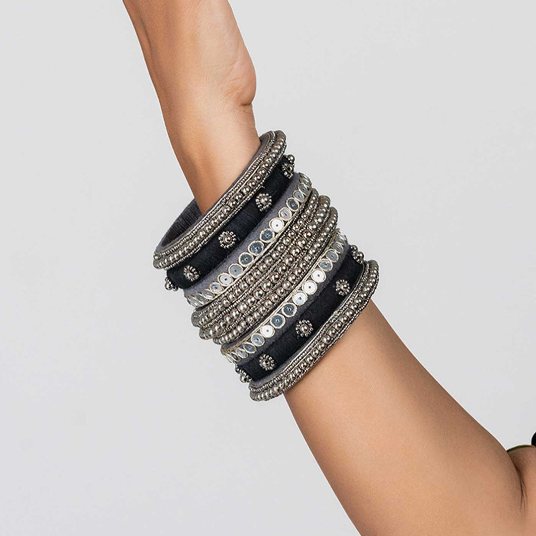 Black & Silver Handcrafted Amara Sequin Work Bangles | Set of 7