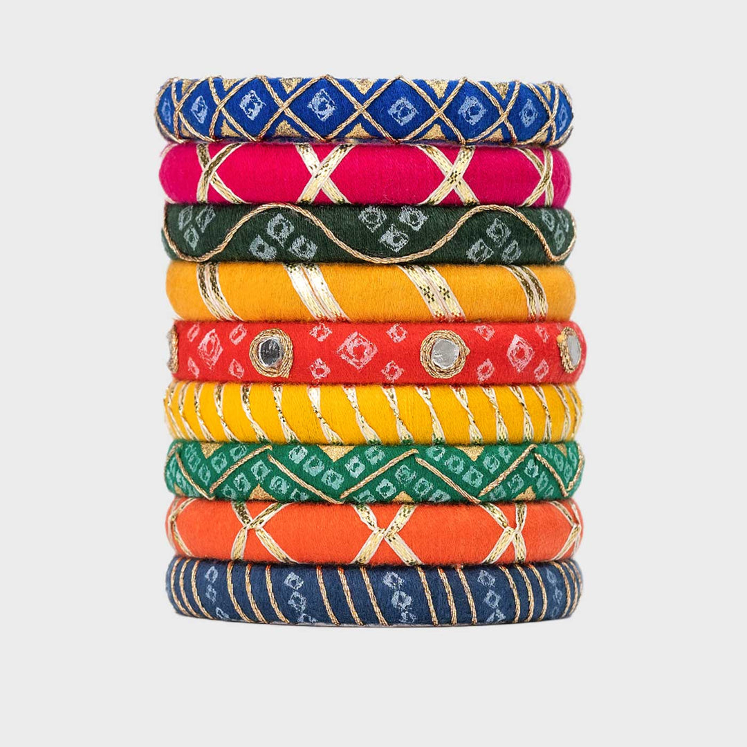 Multicolour Handcrafted Kairavi Gotapatti Bandhani Print Bangles | Set of 9