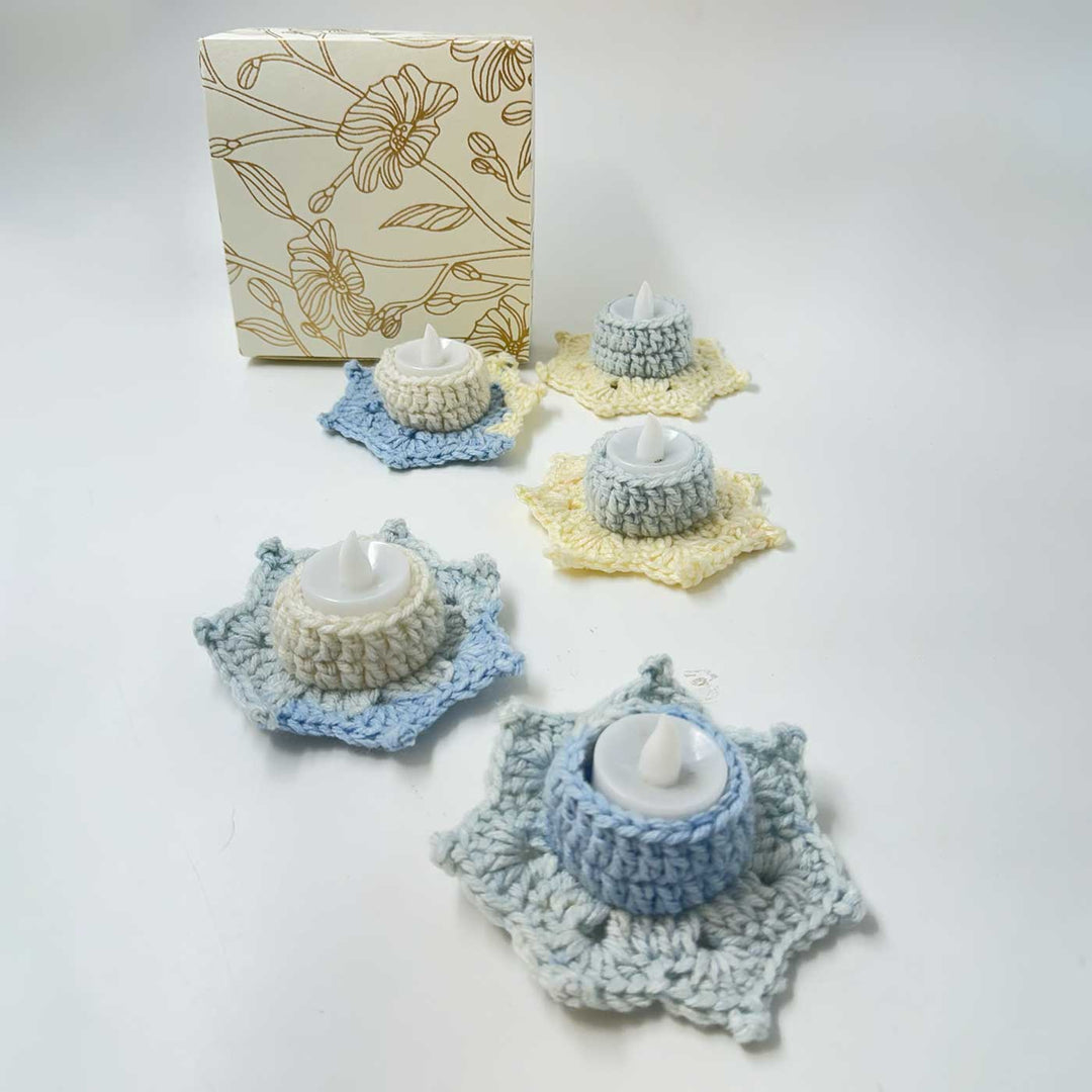 Handmade Crochet White Blue Tealight Holder | Set Of 5