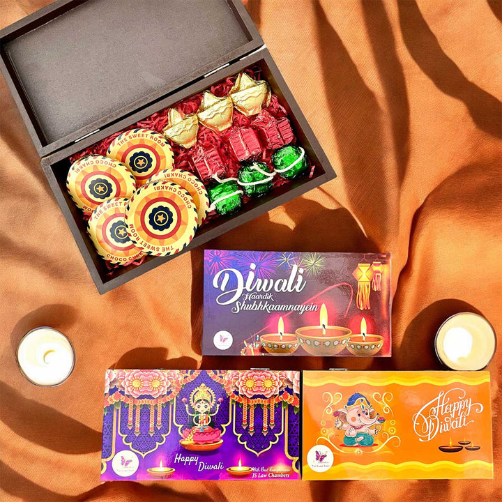 Handmade Assorted Diwali Chocolates Wooden Box Gift Hamper | Set of 31