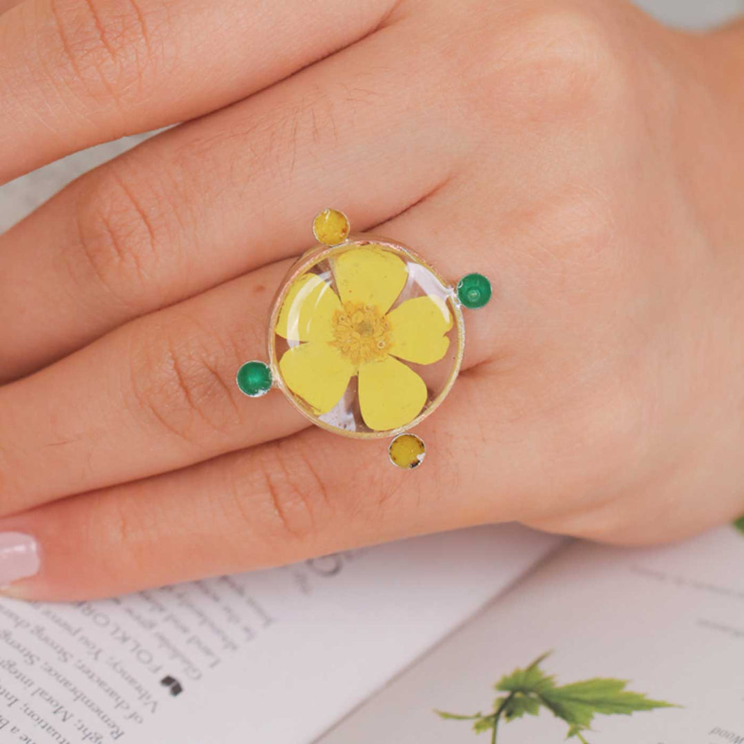 Handmade Preserved Flower Buttercup Field Brass Ring