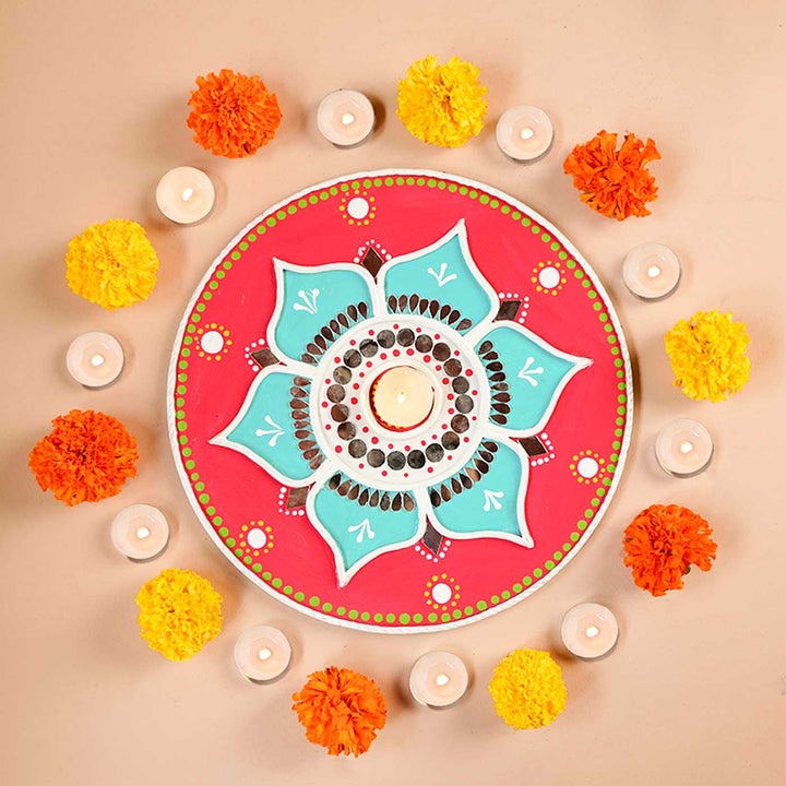 Handmade Lippan Rangoli Wooden Tealight Holder