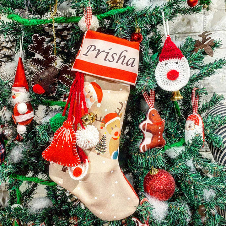 Personalized Santa & Reindeer Cotton Stocking For Christmas Decoration