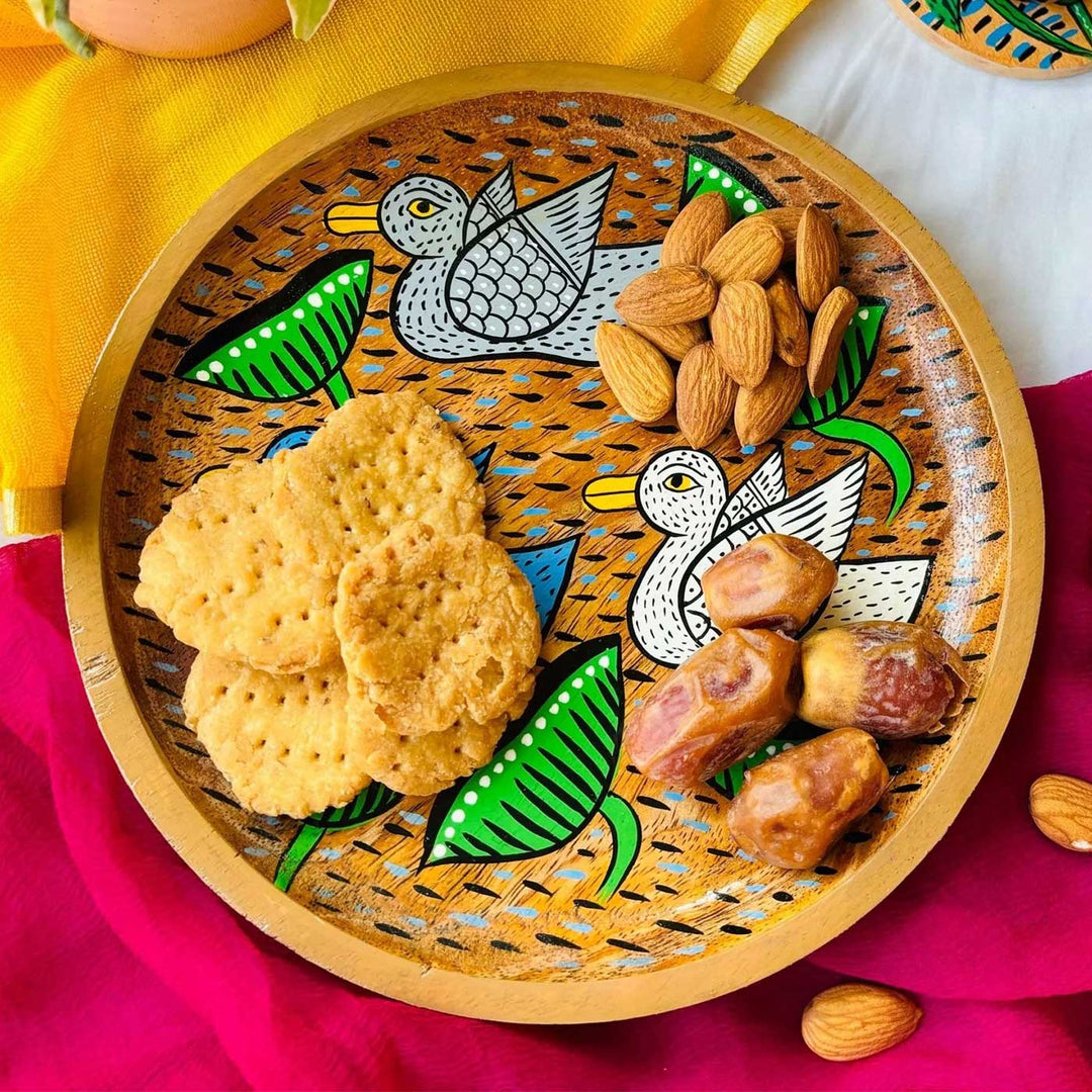 Hand-Painted Pattachitra Saras Round Wooden Platter