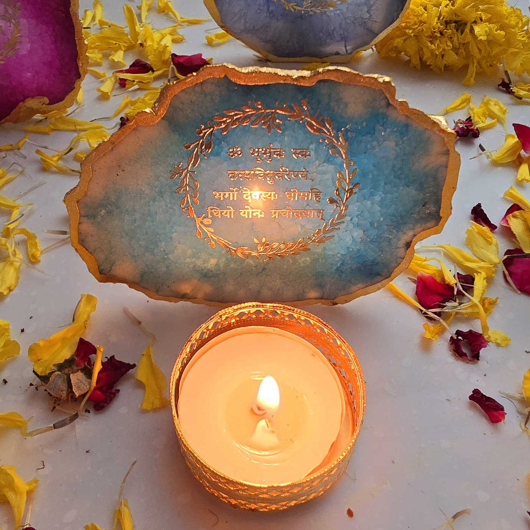 Handmade Turquoise Gayatri Mantra Agate Stone Tea Light Holder