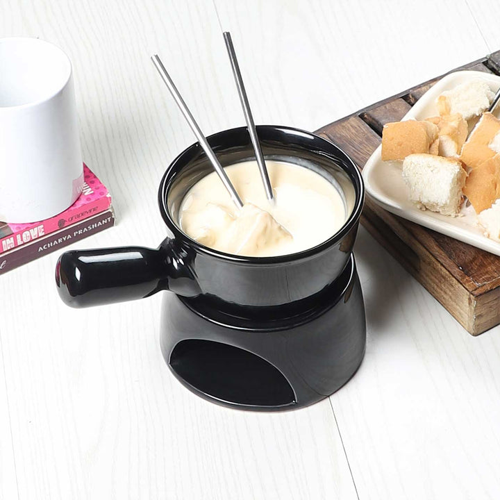 Handmade Black Fondue Set With Plate & Sticks | Set of 6