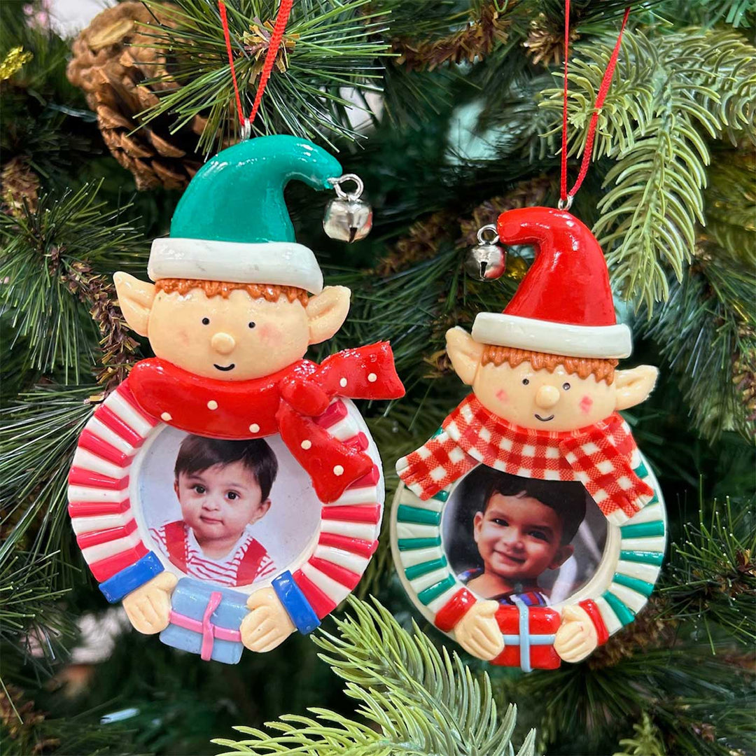 Handmade Jolly Elf Clay Photo Frame Ornament For Christmas Tree Decoration | Set Of 2