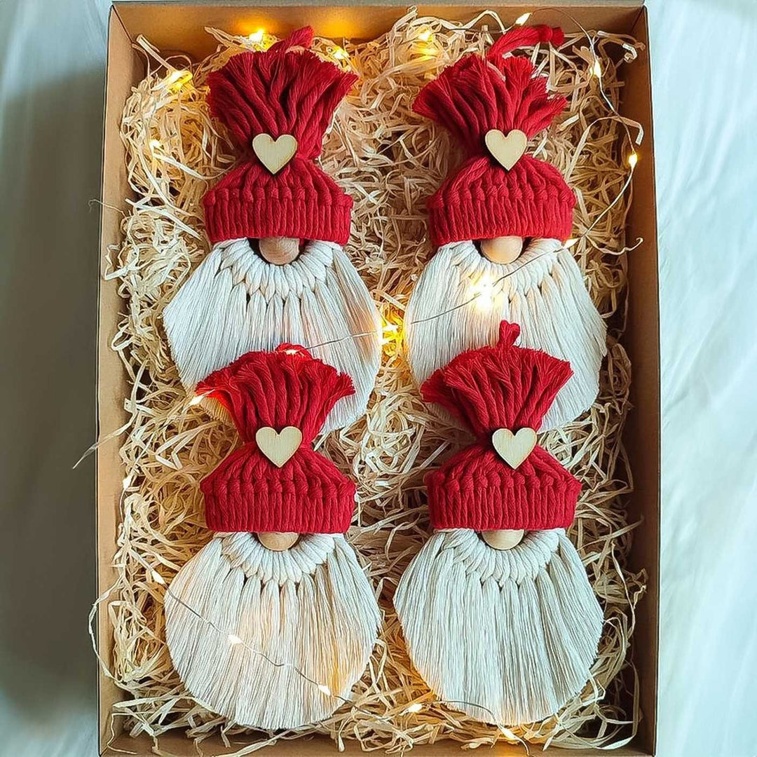 Handmade Macrame Red & White Santa Christmas Ornaments | Set Of 4