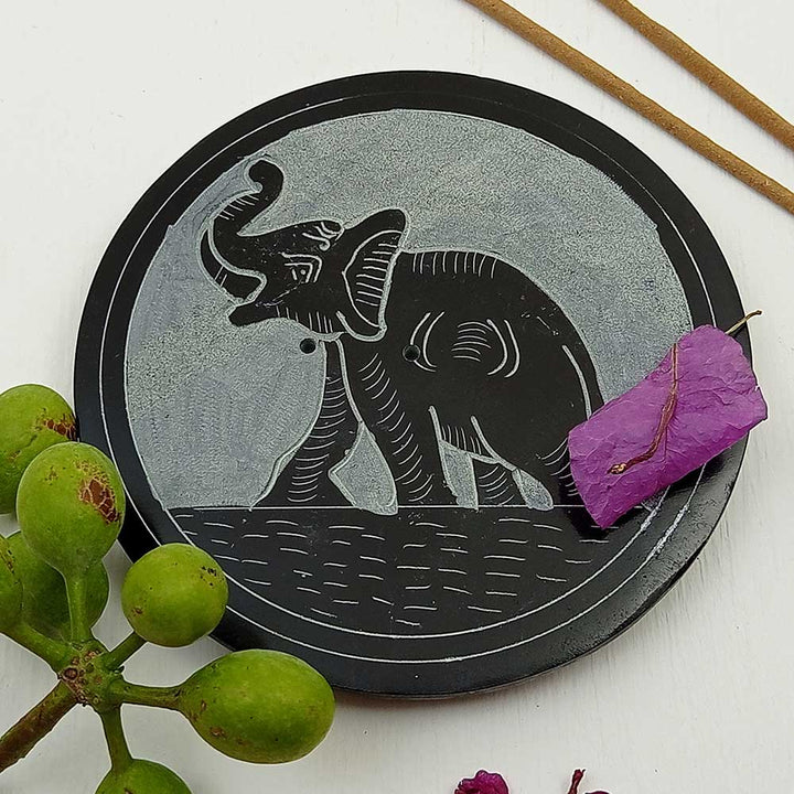 Handmade Black Izaan Elephant Soapstone Incense Stick Holder | Set of 2