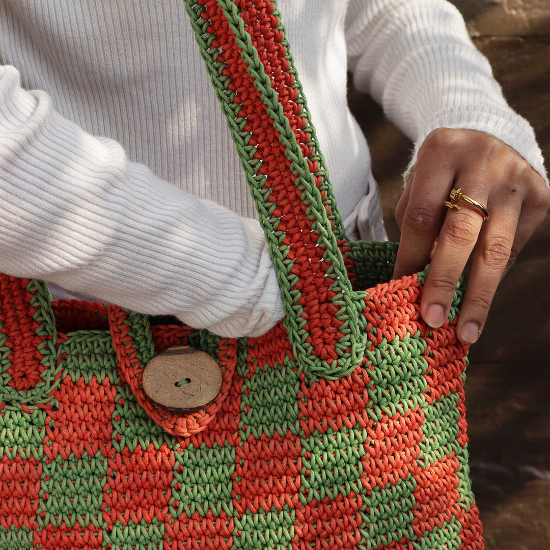 Handmade Crochet Checkered Tote Bag