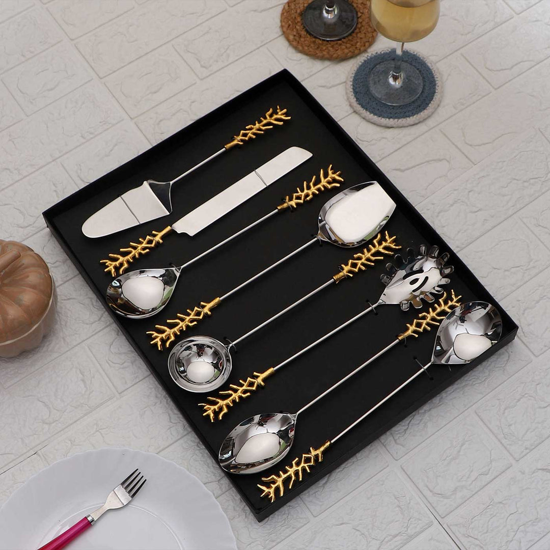 Handmade Gold Stem Design Steel Serving Set | Set Of 8