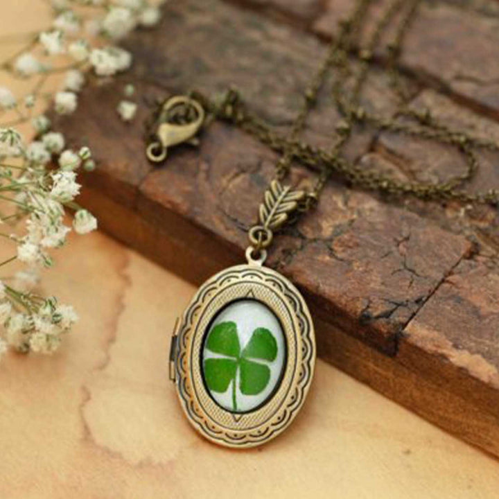 Photo Personalized Preserved Flower Memory Locket With Clover Brass Necklace