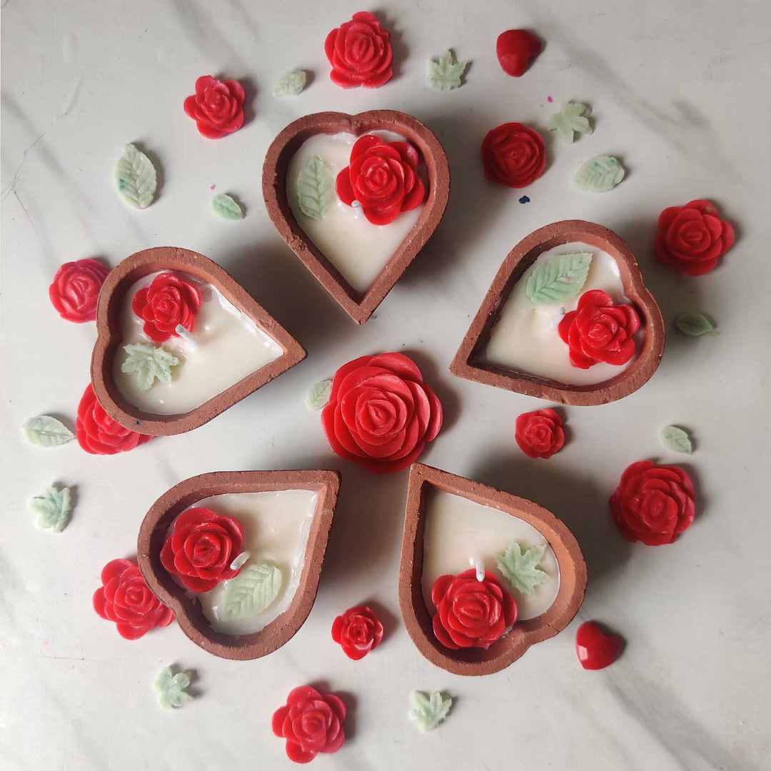 Handmade Terracotta Heart Diyas Wax Candles | Set Of 5