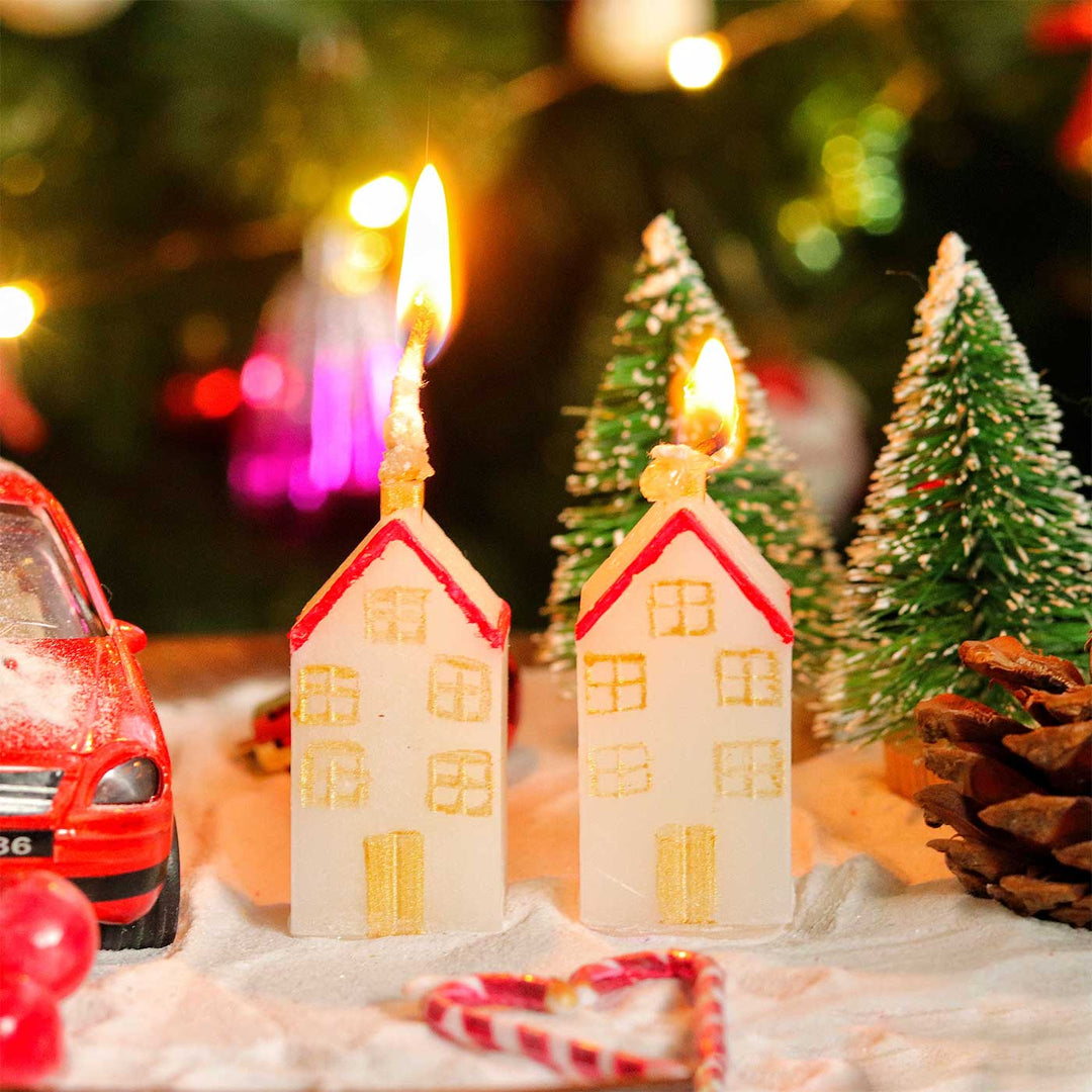 Handmade House Shaped Wax Candles For Christmas Decoration | Set Of 4