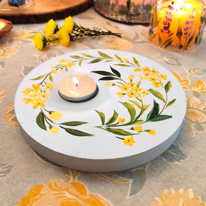 Hand Painted Floral MDF Wood Round Tealight Holder