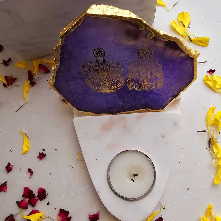 Handmade Purple Laxmi Ganesha Agate Decor With Marble Base Tea Light Holder