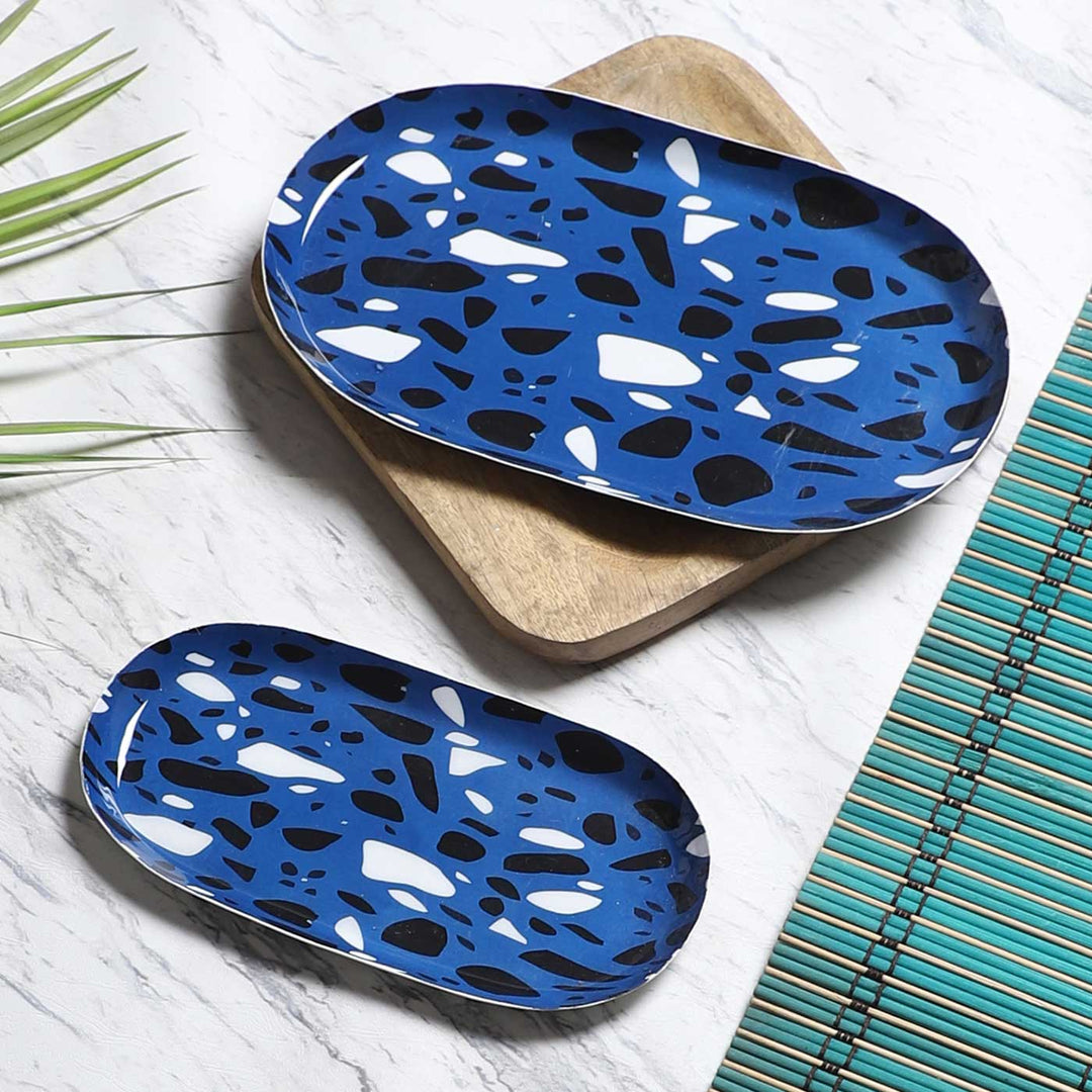 Handmade Blue & Black Metal Oval Platter | Set Of 2