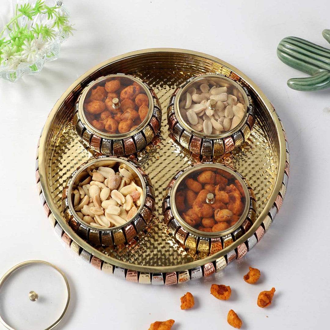 Handmade Round Brass Basket With Jars | Set Of 5