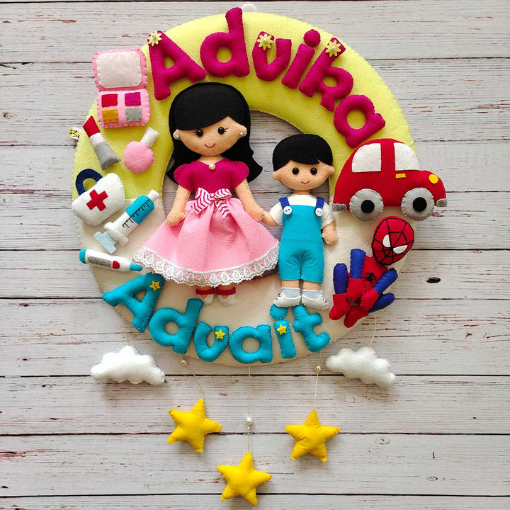 Hand-stitched Hobby Themed Round Felt Kids Name Plate for Siblings