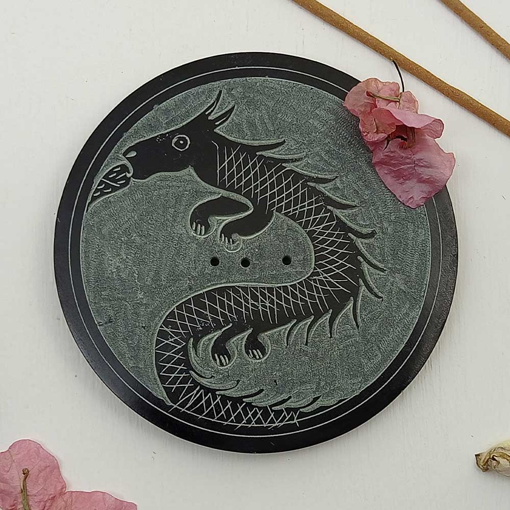 Handmade Black Iqrit Dragon Soapstone Incense Stick Holder | Set of 2