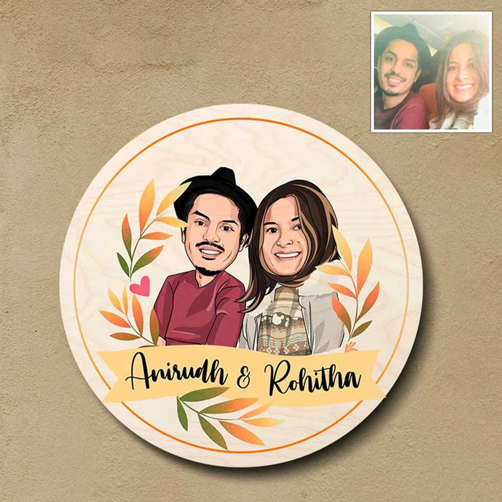 Printed Character Wooden Round Nameplate For Couples