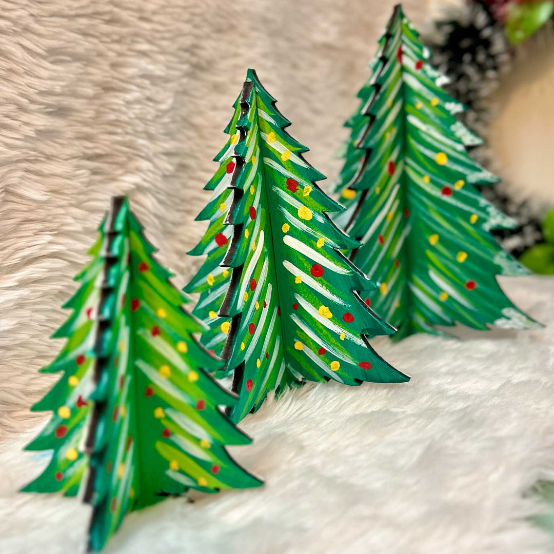 Hand-Painted Xmas Tree Wooden Table Decor for Christmas Decoration | Set Of 3