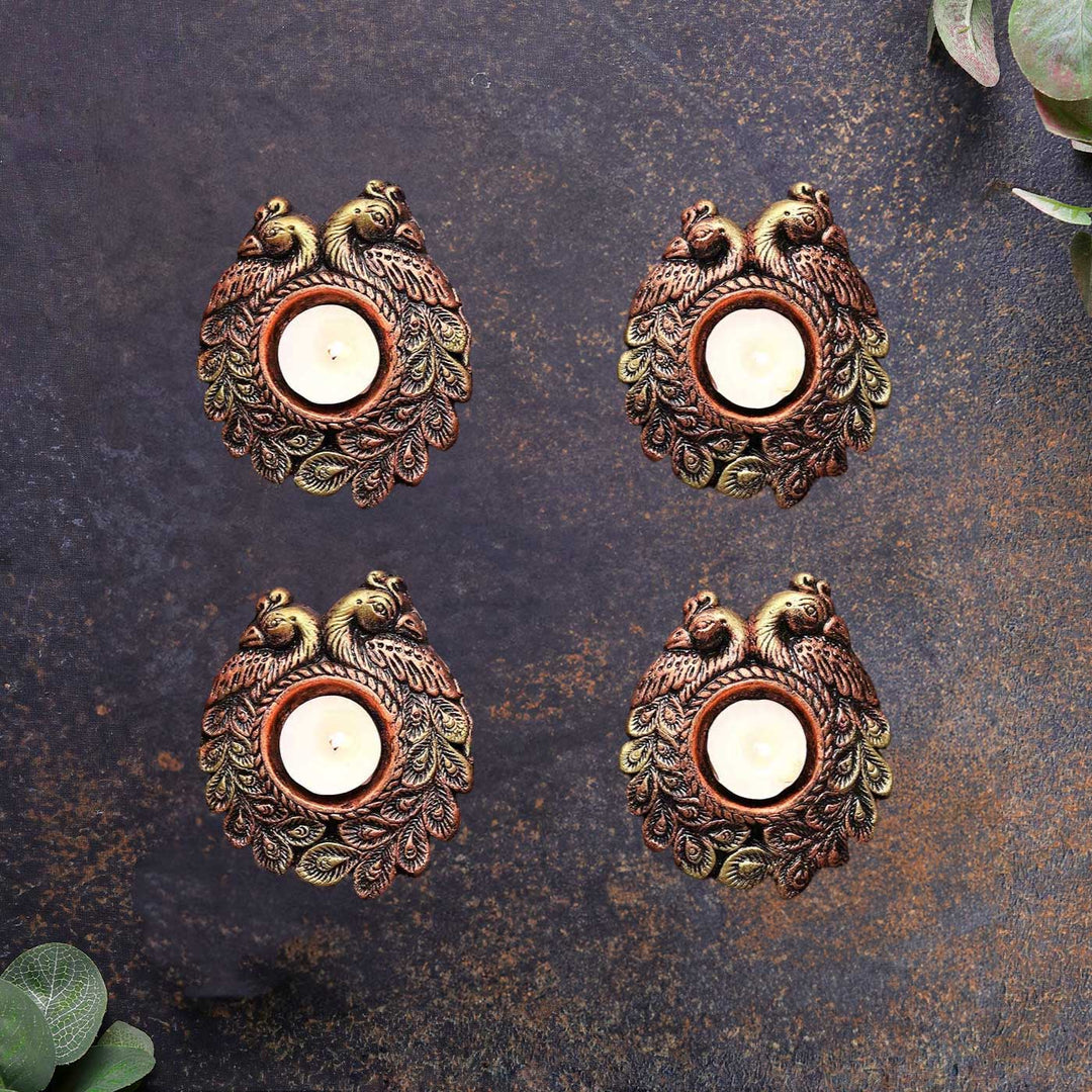 Handmade Couple Peacock Terracotta Tealight Holder | Set Of 4