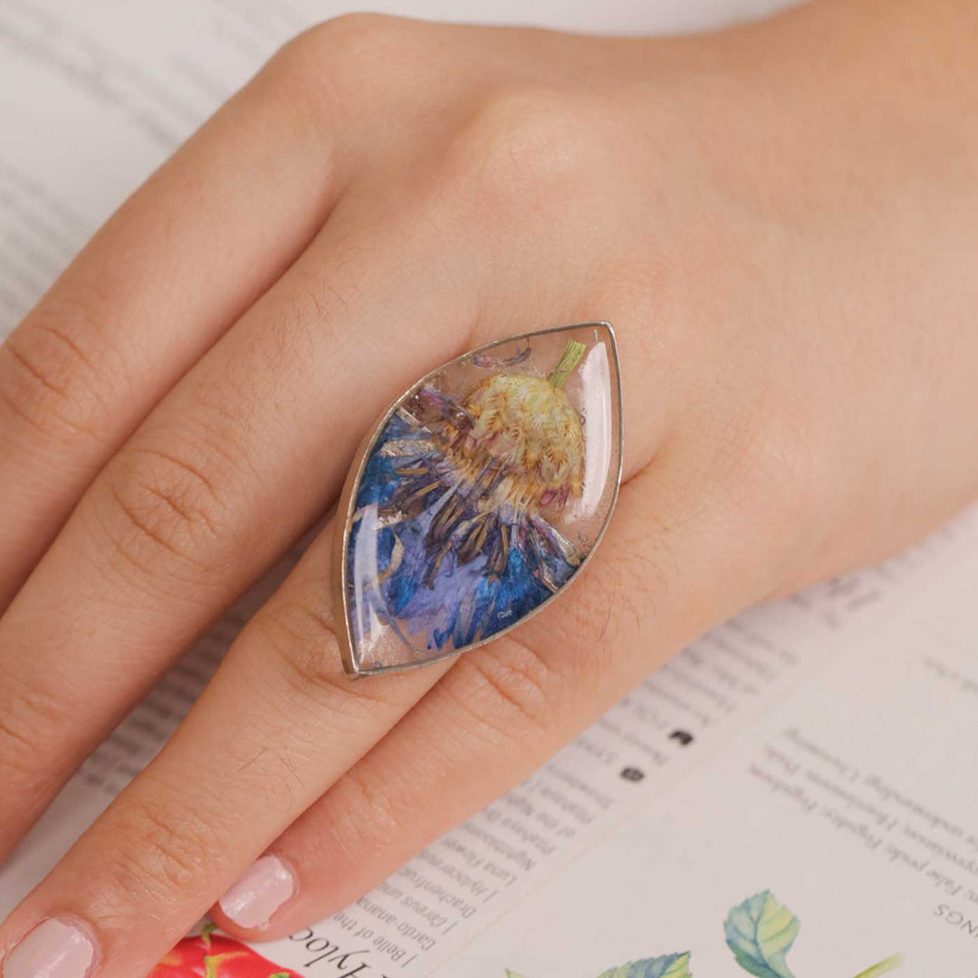 Handmade Large Preserved Cornflower Brass Ring