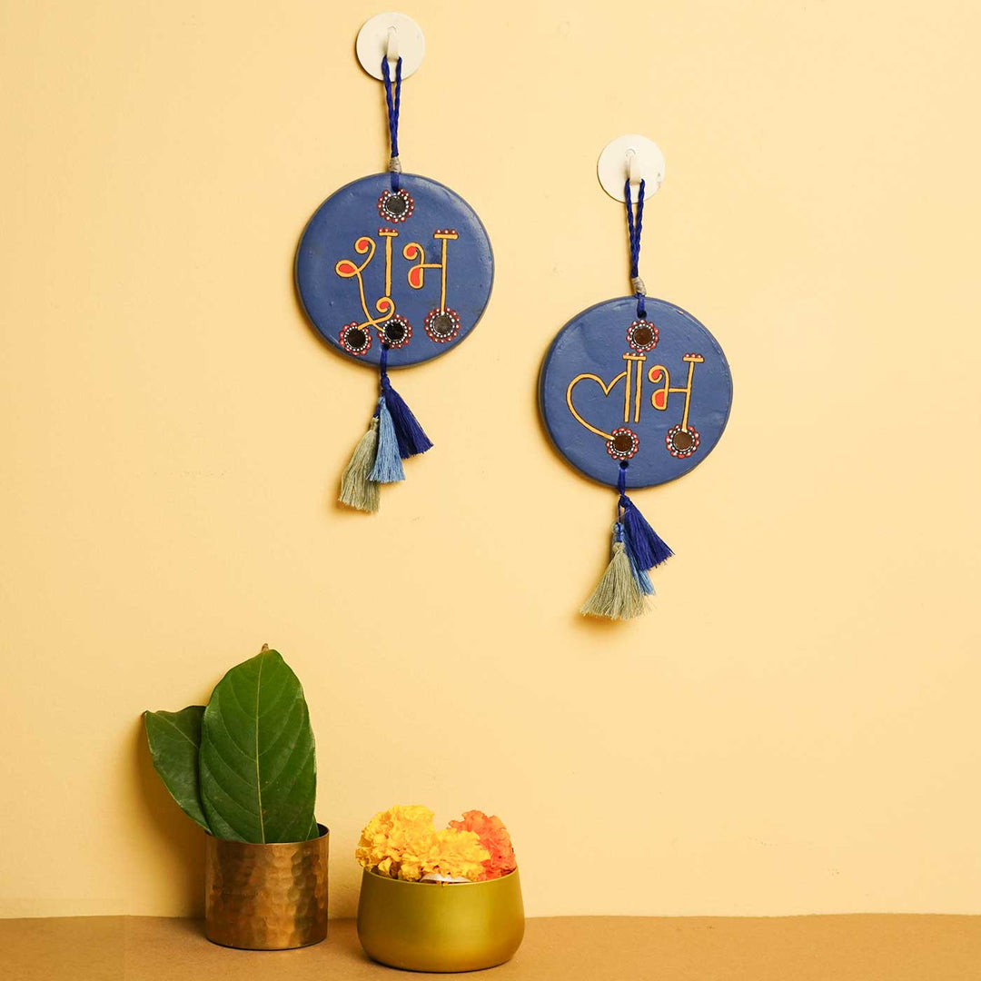 Handmade Blue Shubh - Labh Terracotta Hanging | Set Of 2